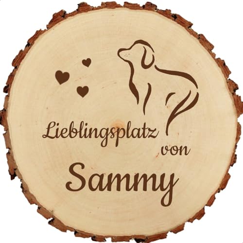 Baumscheibe 18cm mit Gravur (Namen und Datum) personalisierte Holz-Scheibe Lieblingsplatz Dekoration Hunde-Freunde, Namens-Schilder, Accessoires für Hundekorb Hundehütte, Geschenke-Idee, MotivT4 von Sterngraf