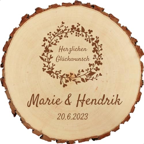 Baumscheibe 23cm mit Gravur (Name/Datum) personalisiertes Deko Schild, Geschenk-Idee zur Hochzeit/Vermählung, Geburtstag, Jubiläum - Motiv H10 Blumenkranz von Sterngraf