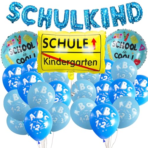 Einschulung Schuleinführung Schulanfang Deko Set für Jungen, Geschenk Einschulung Junge Deko Blau, SCHULKIND Banner + 20 Luftballon+ HURRA SCHULKIND Schulanfang Folienballon+SCHULE Kindergarten Ball von Sternhell