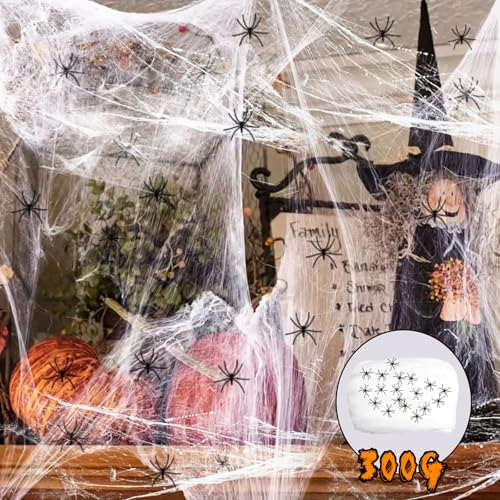 Halloween Deko, Halloween Spinnennetz Decoration Set, 300g Dehnbare Spinnennetze 60 Künstliche Spinnen-Perfekt für Halloween Innen/Außen, Garten, Tür Fenster Kamin Häuser Spukhaus Partyzubehör von Sternhell