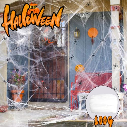 Halloween Deko, Halloween Spinnennetz Dekoration, 100g Dehnbare Spinnennetz Dekoration mit 20 künstlichen Spinnen für Outdoor Halloween Dekorationen, Spukhaus-Dekoration, Gruselszene, Partyzubehör von Sternhell