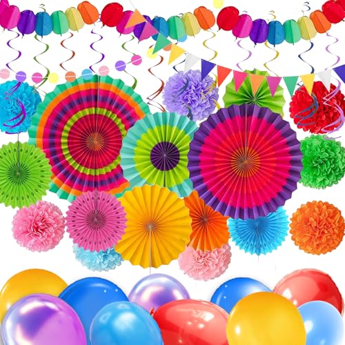 Bunte Party Deko,55 Stück Mehrfarbig Party Dekoration Papier Pompoms Girlande Papierfächer Luftballons Set für Fiesta Karneval Geburtstag Partydekorationen Geburtstagsdeko Graduierung Party-Dekoration von Sternhell