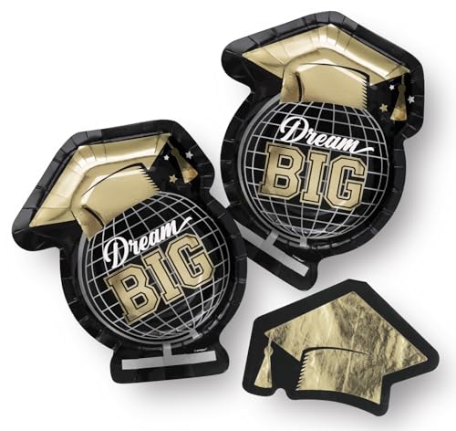 Dream Big Black & Gold Foil Graduation Party Supplies, Einweg-Pappteller und Servietten, 16 Gäste von Stesha Party