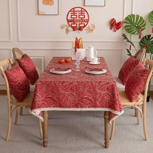 Stfery Abwaschbare Tischdecke Quadratisch 140x140 Rot Tafeltuch Abwaschbar Polyester Blätter-Jacquard Mit Spitzenrand Tischdecken Wasserabweisend Dauerhaft für Esszimmer von Stfery