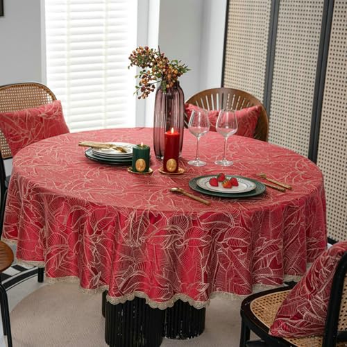 Stfery Rund Tischdecke 260 Rot Tischdecke Modern Polyester Blätter-Jacquard Mit Spitzenrand Tischdecke Abwaschbar Wasserdicht Dauerhaft für Balkon von Stfery