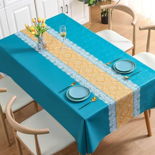 Stfery Tafeltuch 140x180 Blau Tischdeko Elegant PVC Spitze Blumen Tischtuch Antirutschmatte Dauerhaft für Esszimmer von Stfery