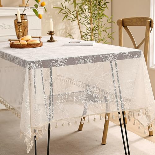 Stfery Tischdecke Abwaschbar Eckig 140x140 Weiß Tischschutz Vintage Polyester Zweig Mit Quasten Tischdecke Wasserabweisend Bügelfrei Dauerhaft für Esszimmer von Stfery