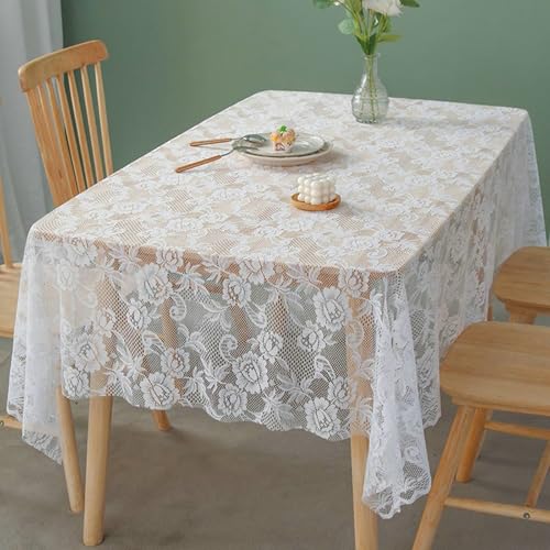 Stfery Tischdecke Abwaschbar Eckig 150x150 Weiß Tischdeko Elegant Polyester Spitze Mit Blumen Fleckabweisende Tischdecke Dauerhaft für Esszimmer von Stfery