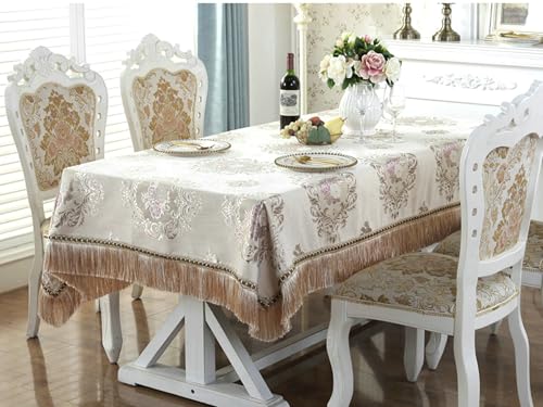 Stfery Tischdecke Abwaschbar Eckig 90x90 Champagner Tischdeko Elegant Polyester Blumen-Jacquard Mit Quasten Tischdecken Wasserabweisend Dauerhaft für Garten von Stfery