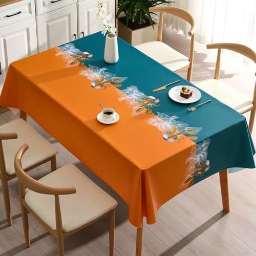 Stfery Tischdecke Abwaschbar Quadratisch 140x140 Dunkel Blau Orange Tischdecke Esstisch Modern PVC Patchwork-Blumen Tischdecke Fleckschutz Dauerhaft für Esszimmer von Stfery