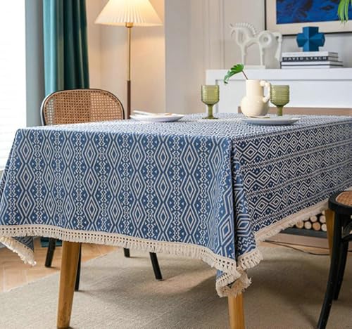 Stfery Tischdecke Abwaschbar Quadratisch 90x90 Blau Tischdecke Vintage Polyester Geometrisches Totem Mit Quasten Tischdecken Wasserabweisend Dauerhaft für Balkon von Stfery