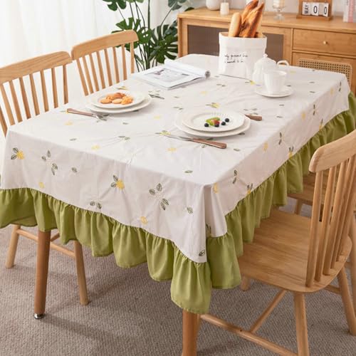 Stfery Tischdecken 100x150 Beige Grün Fleckschutz Tischdecke Baumwolle Blumen Bestickt Mit Rüschenrand Tischschutz rutschfest Dauerhaft für Wohnzimmer von Stfery