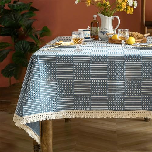 Stfery Tischtuch 140x180 Blau Tischdecke Waschbar Polyester Geflochtenes Gitter Mit Quasten Tischdecke Wasserdicht Dauerhaft für Garten von Stfery