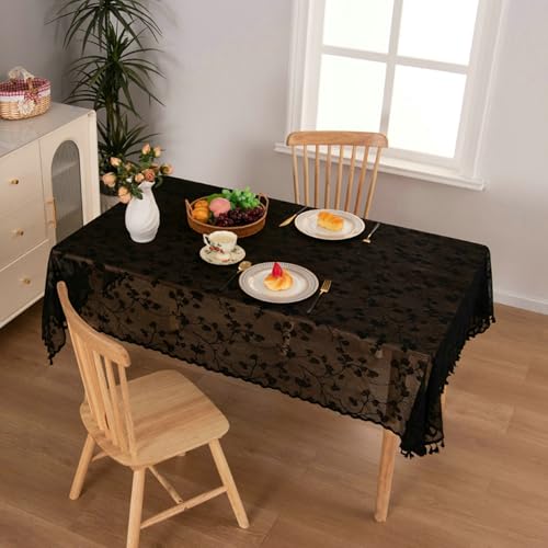 Stfery Tischtuch 140x300 Schwarz Abwaschbare Tischdecke Polyester Ginkgoblätter-Jacquard Mit Quasten Tischdecke Abwaschbar Antirutsch Dauerhaft für Garten von Stfery