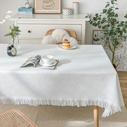 Stfery Tischtuch 180x340 Weiß Abwischbare Tischdecke Stoff Einfarbig Mit Quasten Tischdecke Abwaschbar Wasserdicht Dauerhaft für Garten von Stfery