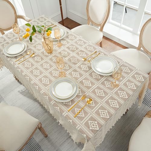 Stfery Tischtücher 100x140 Beige Weiß Tischdecke Esstisch Modern Polyester Hohl Mit Quasten Tischdecke Abwaschbar Wasserdicht Dauerhaft für Garten von Stfery