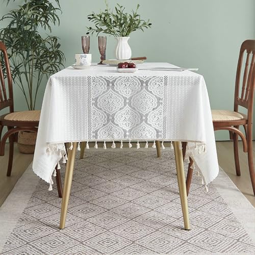 Stfery Tischtücher 140x220 Weiß Abwischbare Tischdecke Polyester Blumenmuster Mit Quaste Tischdecke Abwaschbar Wasserdicht Dauerhaft für Esszimmer von Stfery