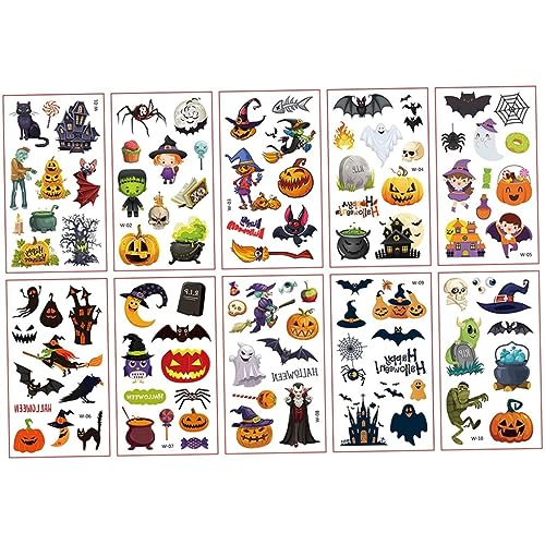 10 Blätter Halloween Temporäre Tätowierungen für Kindertattoos, Mädchen, Kinder Tattoos, Halloween Make -up -Aufkleber für Kinder Party wasserdichte gefälschte 3D -Tattoos Pass an den Paketgeschenken von Stibzeup