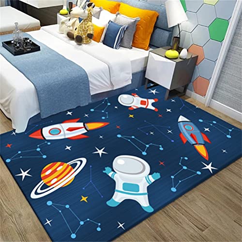 Kinderteppich Universe Planet Astronaut 3D Wohnzimmerteppich Rutschfest Blau Schwarz Raumschiff Rakete Teppiche Jungen und Mädchen Spielteppich Kinderzimmer Teppich Waschbar (Farbe5,80 x 120 cm) von Sticker Superb.