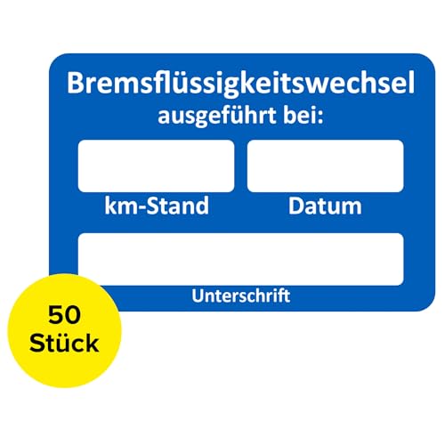 Bremsflüssigkeitswechsel Aufkleber 50 Stück – Service Zettel KFZ beschreibbar, Wartungsaufkleber, Service Aufkleber, Kundendienst KFZ Service Werkstatt Aufkleber (50 Stück) von Sticker-Verlag