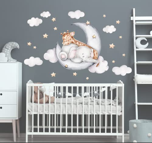 Giraffe mit Elefant auf dem Mond gute Freunde Sterne wolken Aquarell Wandtattoo für Kinderzimmer Aufkleber Wandsticker K1811 (85cm(B) x60cm(H)) von AYMINOO