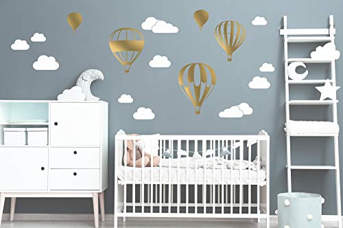 Heißluftballon mit WOLKEN SET 20 teilig Vinyl Wandtattoo Wandaufkleber Sticker Aufkleber Wand Himmel Baby (Gold-Matt) von StickerMarket