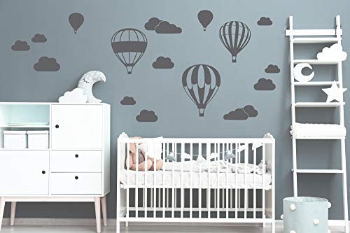 Heißluftballon mit WOLKEN SET 20 teilig Vinyl Wandtattoo Wandaufkleber Sticker Aufkleber Wand Himmel Baby (Set 2 Heißluftballon Betongrau) von StickerMarket