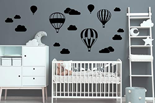 Heißluftballon mit WOLKEN SET 20 teilig Vinyl Wandtattoo Wandaufkleber Sticker Aufkleber Wand Himmel Baby (Set 2 Heißluftballon schwarz) von StickerMarket