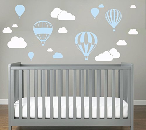 Heißluftballon mit WOLKEN SET 20 teilig Wandtattoo Wandaufkleber Sticker Aufkleber Wand Himmel Baby (Pastelblau) von StickerMarket