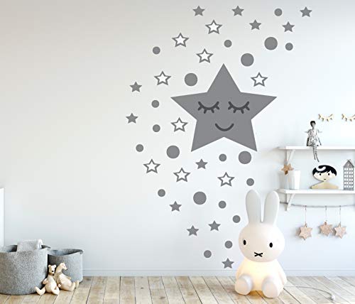 Sleepy Stern Set - 42 Teilig - Wandtattoo mit kreise Schlafender großer Stern wimper Wandsticker Star selbstklebende Deko Wandaufkleber (25cm Breite, A Grau) von StickerMarket