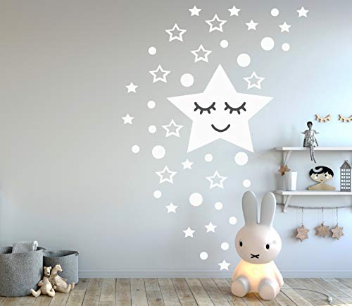 Sleepy Stern Set - 42 Teilig - Wandtattoo mit kreise Schlafender großer Stern wimper Wandsticker Star selbstklebende Deko Wandaufkleber (25cm Breite, Weiß) von StickerMarket