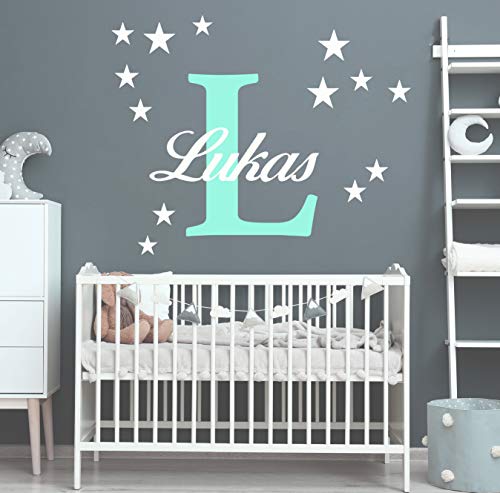 Wunschname Wandtattoo mit Sterne an der Wand Wandaufkleber Wandsticker DIY Kinderzimmer Babyzimmer (40cm / 60cm, Mint-Weiss) von StickerMarket