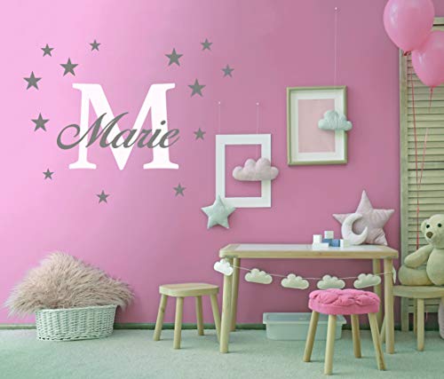 Wunschname Wandtattoo mit Sterne an der Wand Wandaufkleber Wandsticker DIY Kinderzimmer Babyzimmer (40cm / 60cm, Weiss-Grau) von StickerMarket