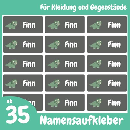 Namensaufkleber für Klamotten & Textilien (125 Sticker) – Aufkleber mit Name und Dino für Shirts oder Hosen – Ideal für Schule und Kindergarten – Wasserfest, Spülmaschinenfest, 30 x 13 mm von Stickeria