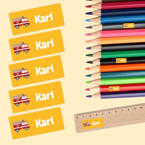 Namensaufkleber für Stifte & Lineal (125 Sticker) – Aufkleber mit Name und Feuerwehr für Schulstifte oder Geodreieck – Ideal für Schule und Kindergarten – Spülmaschinenfest, 30 x 13 mm von Stickeria