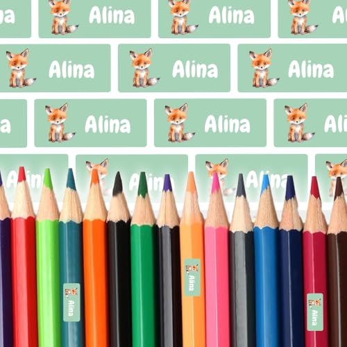 Namensaufkleber für Stifte & Lineal (250 Sticker) – Aufkleber mit Name und Fuchs für Schulstifte oder Geodreieck – Ideal für Schule und Kindergarten – Spülmaschinenfest, 30 x 13 mm von Stickeria