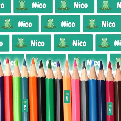 Namensaufkleber für Stifte & Lineal (35 Sticker) – Aufkleber mit Name und Frosch für Schulstifte oder Geodreieck – Ideal für Schule und Kindergarten – Spülmaschinenfest, 30 x 13 mm von Stickeria