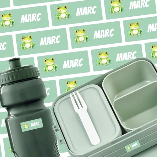 Namensschilder für Brotdose, Trinkflasche & Mehr (35 Aufkleber) – Spülmaschinenfeste Namensetiketten mit Frosch Motiv – Personalisierte Sticker mit Motiv – Waschfest – 30 x 13 mm von Stickeria