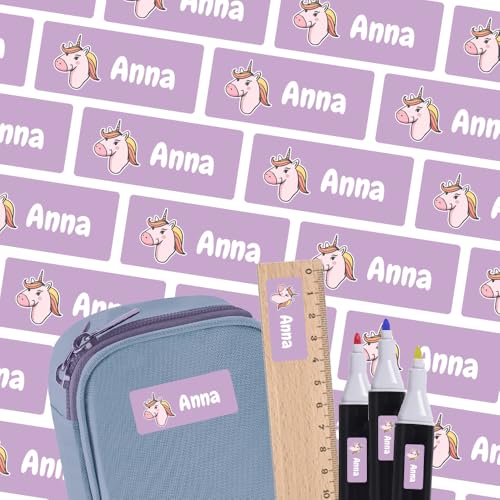 Namensschilder für Lineal, Kugelschreiber & Mehr (125 Aufkleber) – Spülmaschinenfeste Namensetiketten mit Einhorn Motiv – Personalisierte Sticker mit Motiv – Waschfest – 30 x 13 mm von Stickeria