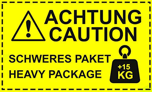 Aufkleber Achtung Caution Schweres Paket Haevy Package+15kg Neon gelb Hinweisaufkleber Versand Größe 1 Stück von Stickerworld24