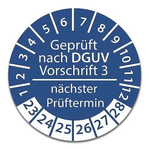 Prüfplakette DGUV V3 Nächster Prüftermin E-Check Elektro - 2023-2028 - Wasserfest/UV-Schutz - 30mm Plakette für Tritte Leitern Feuerlöscher Maschinen (DGUV V3 - Blau, 1.000 Stk.) von Stickerworld24