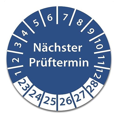 Prüfplakette DGUV V3 Nächster Prüftermin E-Check Elektro 2023-2028 Wasserfest/UV-Schutz 30mm Plakette für Tritte Leitern Feuerlöscher Maschinen (Nächster Prüftermin - Blau, 100 Stk.) von Stickerworld24