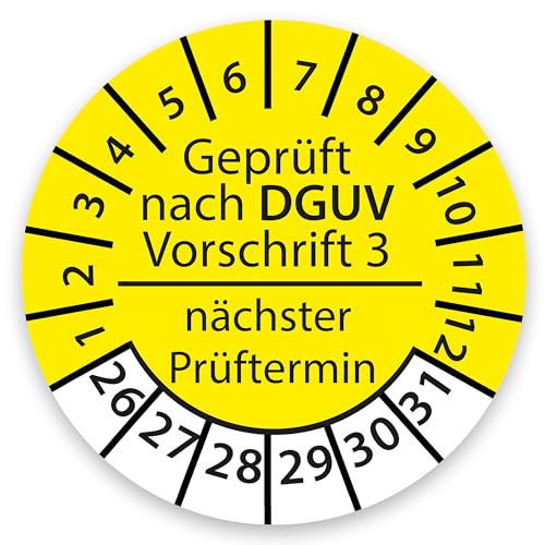 Prüfplakette DGUV V3 Nächster Prüftermin E-Check Elektro - 2026-2031 - Wasserfest/UV-Schutz - 30mm Plakette für Tritte Leitern Feuerlöscher Maschinen Variante DGUV3, Größe 250 Stück, Farbe Gelb von Stickerworld24