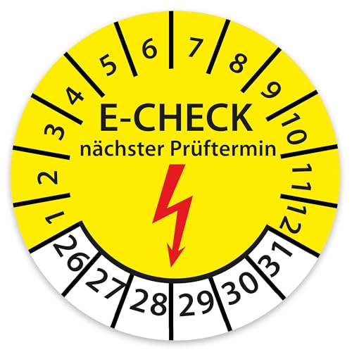 Prüfplakette DGUV V3 Nächster Prüftermin E-Check Elektro - 2026-2031 - Wasserfest/UV-Schutz Variante E-Check, Größe 500 Stück, Farbe Gelb von Stickerworld24