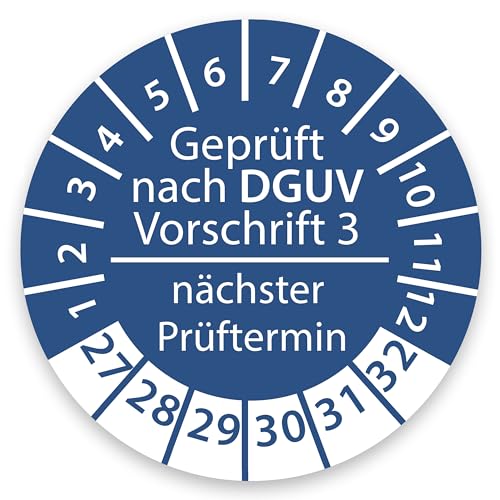 Prüfplakette DGUV V3 Nächster Prüftermin E-Check Elektro - 2027-2032 - Wasserfest/UV-Schutz - 30mm Plakette für Tritte Leitern Feuerlöscher Variante DGUV3, Größe 500 Stück, Farbe Blau von Stickerworld24