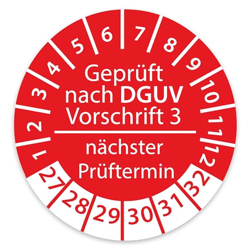 Prüfplakette DGUV V3 Nächster Prüftermin E-Check Elektro - 2027-2032 - Wasserfest/UV-Schutz - 30mm Plakette für Tritte Leitern Feuerlöscher Variante DGUV3, Größe 500 Stück, Farbe Rot von Stickerworld24