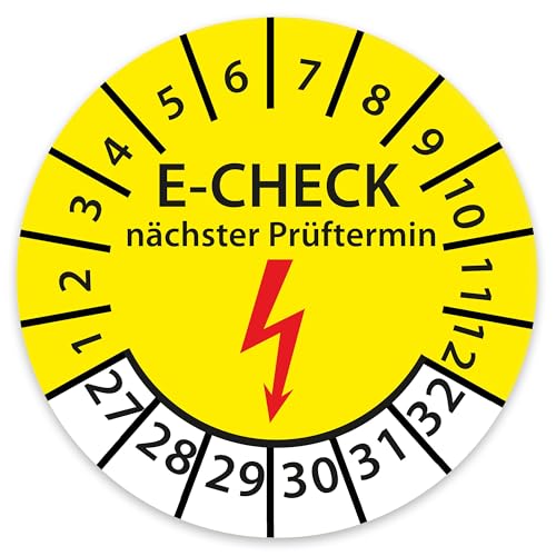 Prüfplakette DGUV V3 Nächster Prüftermin E-Check Elektro - 2027-2032 - Wasserfest/UV-Schutz - 30mm Plakette für Tritte Leitern Feuerlöscher Variante E-Check, Größe 500 Stück, Farbe Gelb von Stickerworld24