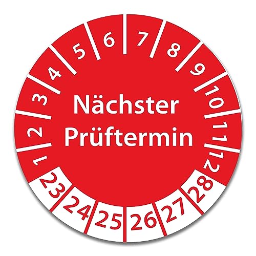 Prüfplakette DGUV V3 Nächster Prüftermin E-Check Elektro - 2023-2028 - Wasserfest/UV-Schutz - 30mm Plakette für Tritte Leitern Feuerlöscher Maschinen (Nächster Prüftermin - Rot, 100 Stk.) von Stickerworld24