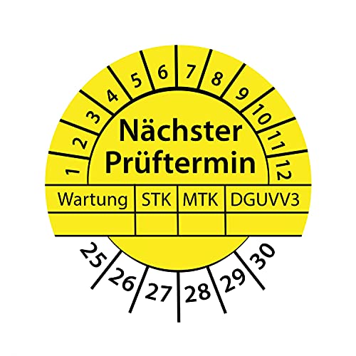 Prüfplakette Nächster Prüftermin Wartung STK MTK 2025-2030 Ø 30mm Rund Gelb/Blau Prüfetikett Prüfaufkleber Größe 250 Stück, Farbe Gelb von Stickerworld24