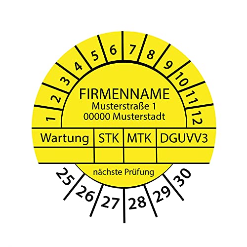 Prüfplakette mit Firmenname - Wartung STK MTK DGUVV3 nächste Prüfung 2025-2030 Ø 30mm Rund Gelb/Blau Größe 500 Stück, Farbe Gelb von Stickerworld24